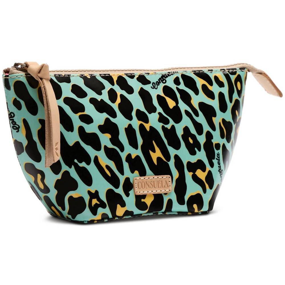 Consuela Aqua Leopard Print Cosmetic Bag with Black and Yellow Accents